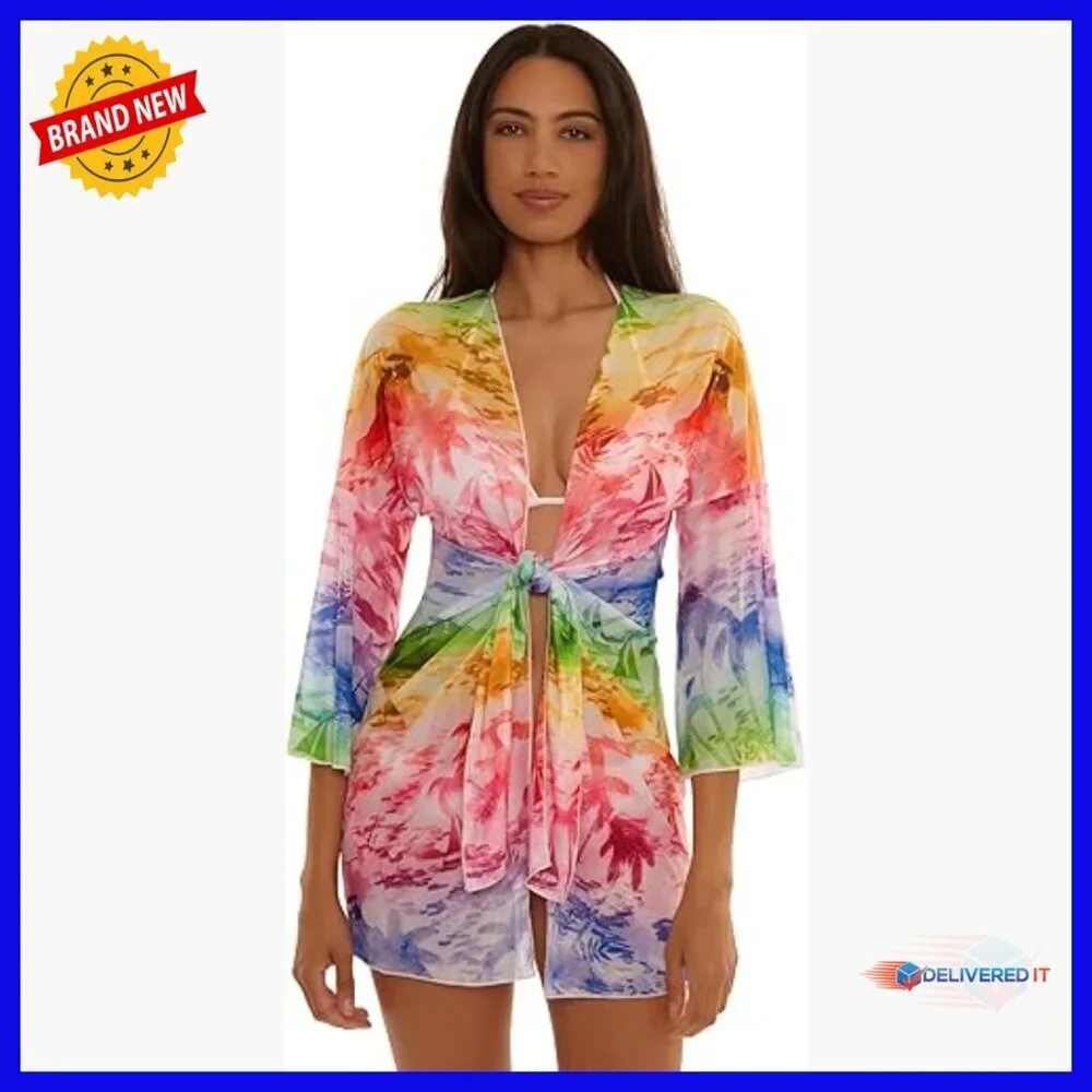 Small Tie Front Tunic Coverup, Lightweight Polyester Spandex, Bell Sleeves